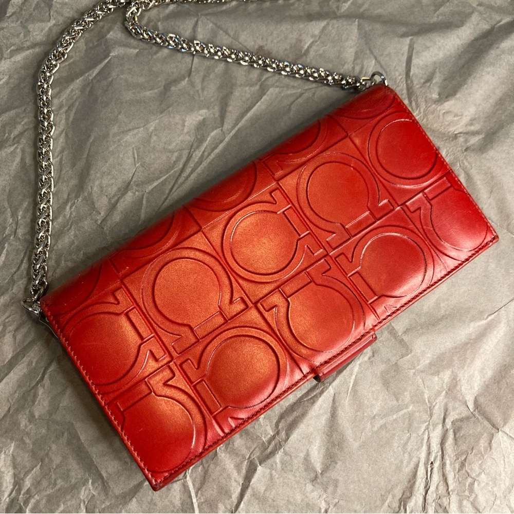 💎 RARE Salvatore Ferragamo Red Gancini Leather Wallet on Chain